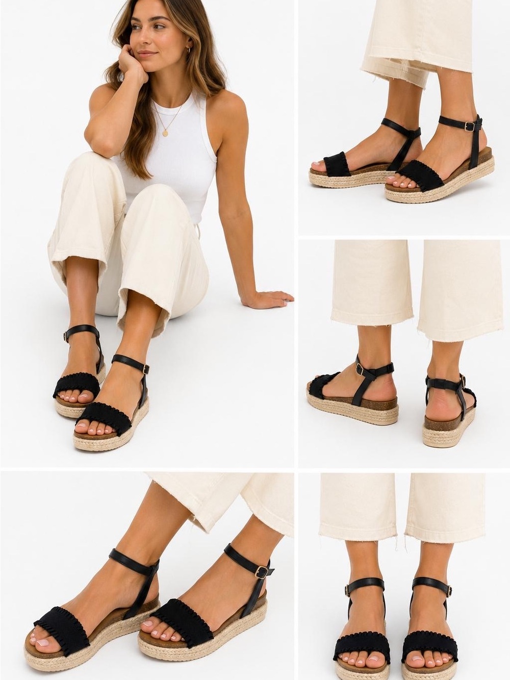 UNIONBAY Black Ruffle Espadrille Sandals with Ankle Strap